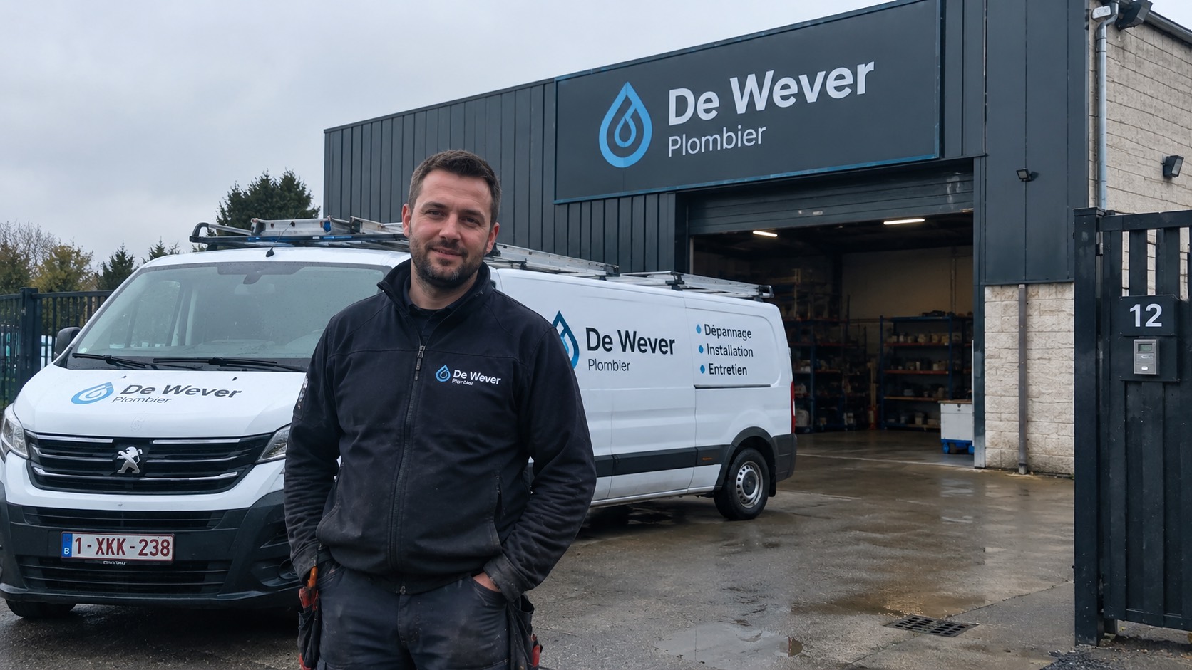 Le dépôt et les camionnettes De Wever Plombier